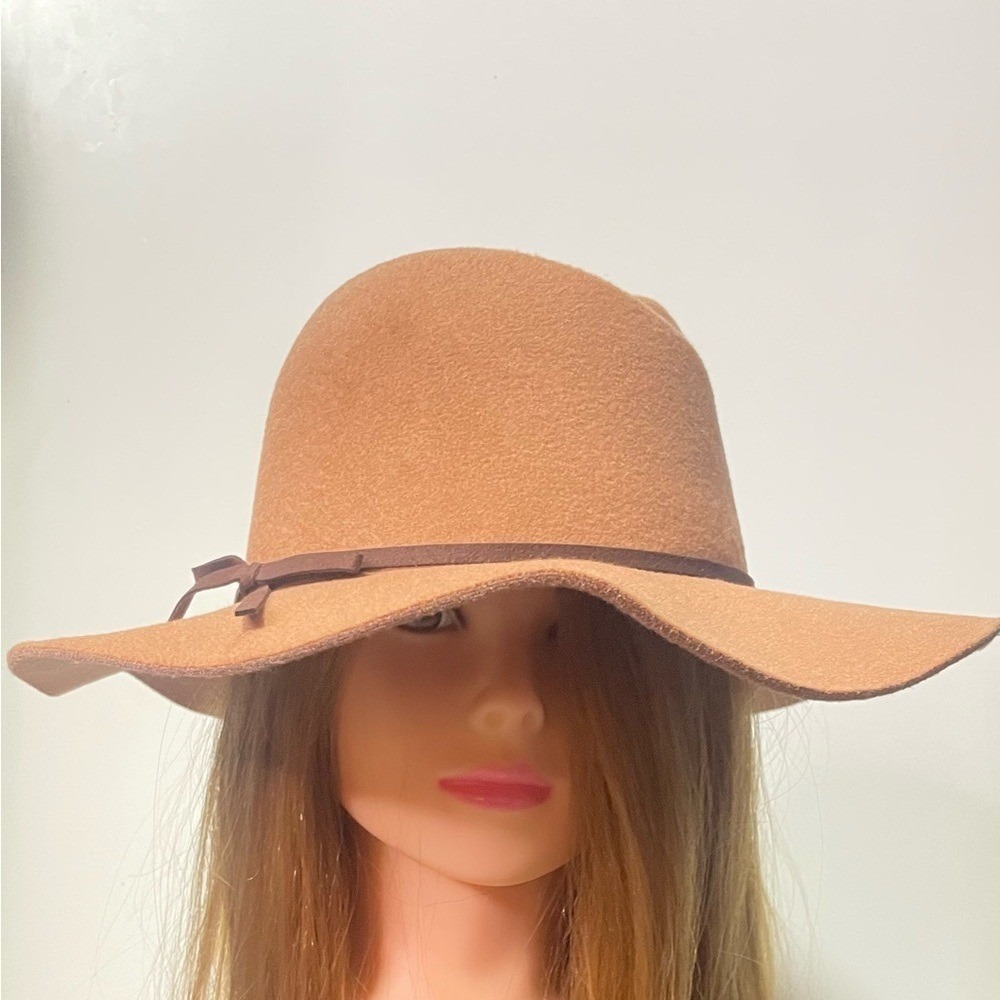 Womens Tan Felt Wide Brim Hat with Brown Ribbon Bow One Size Fits Most